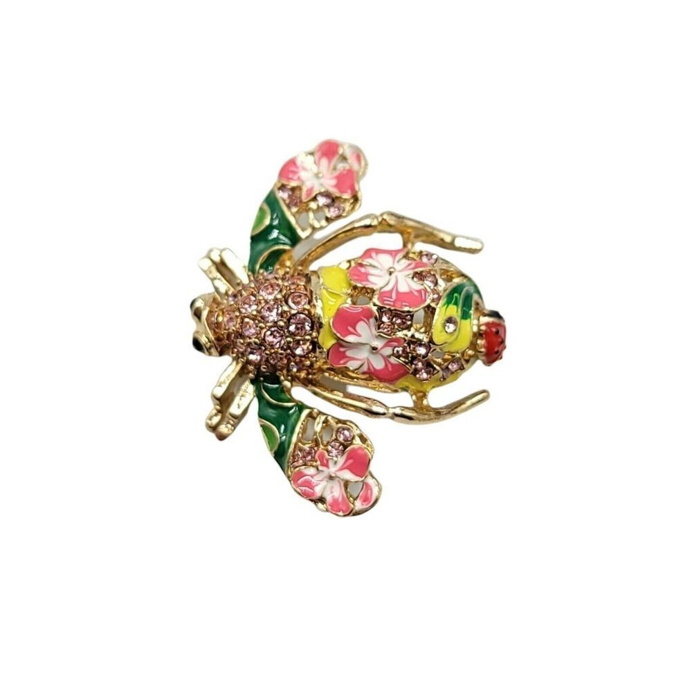 JOAN RIVERS Bee Pin Pink Orchid Flower Enamel w Pink Crystal Flowers Ladybug